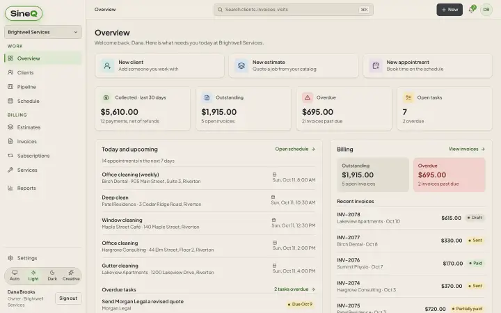The SinQ overview on a laptop, light theme