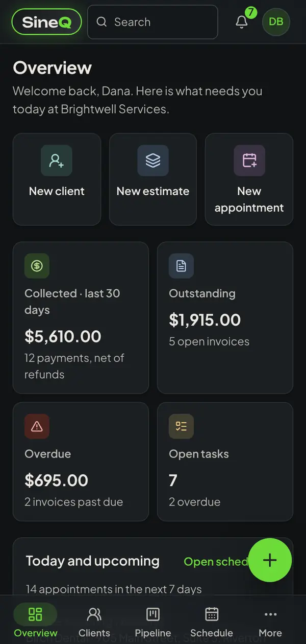 The SinQ overview on a phone
