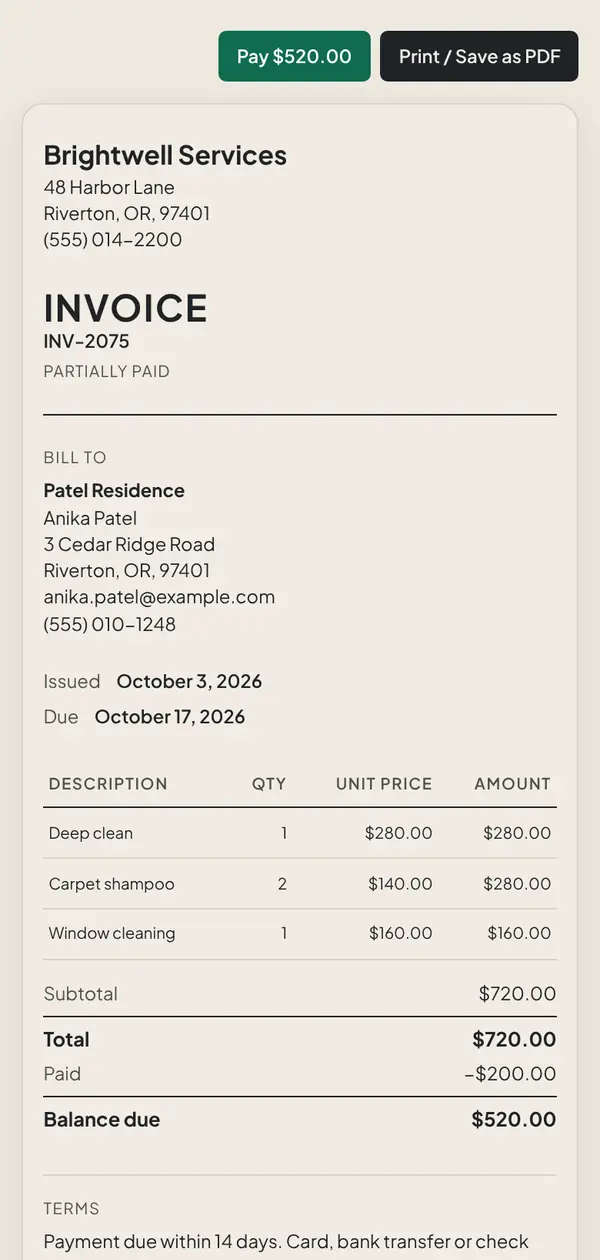 An invoice as the client sees it, with a card payment button
